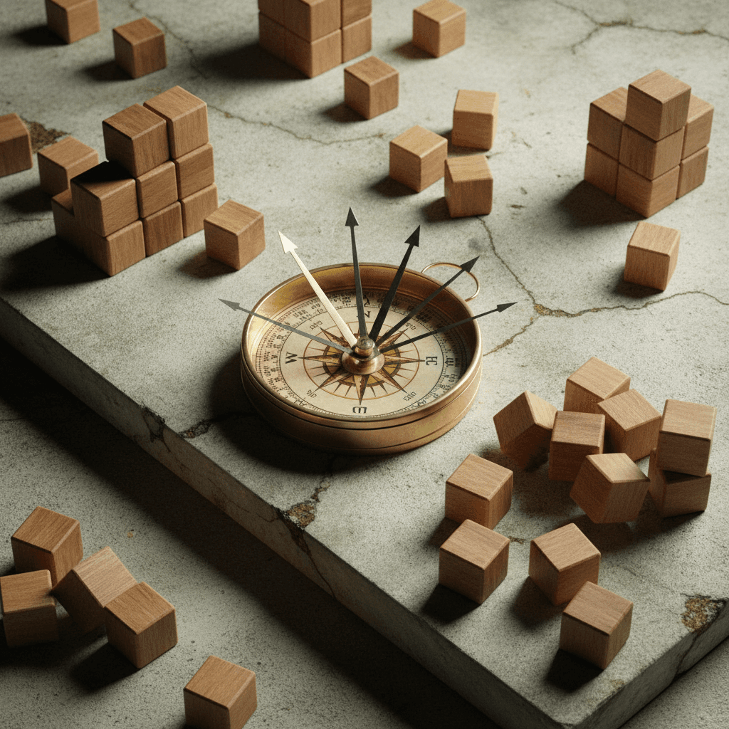 Brass compass with conflicting needles on weathered concrete surrounded by scattered wooden blocks