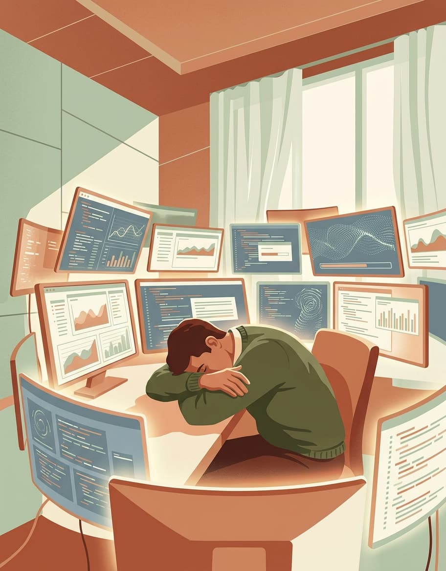 Editorial illustration of a person slumped exhausted at a desk surrounded by multiple glowing AI-powered screens