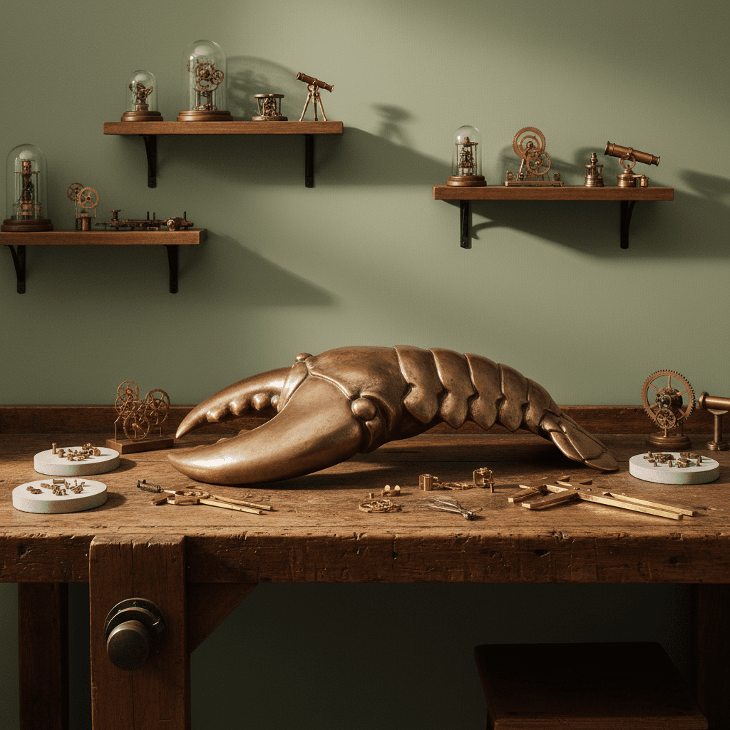 Bronze lobster claw sculpture on aged wood workbench surrounded by precision tools