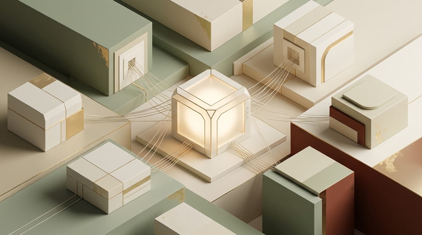 Abstract geometric illustration of a central memory node connected to multiple AI tools